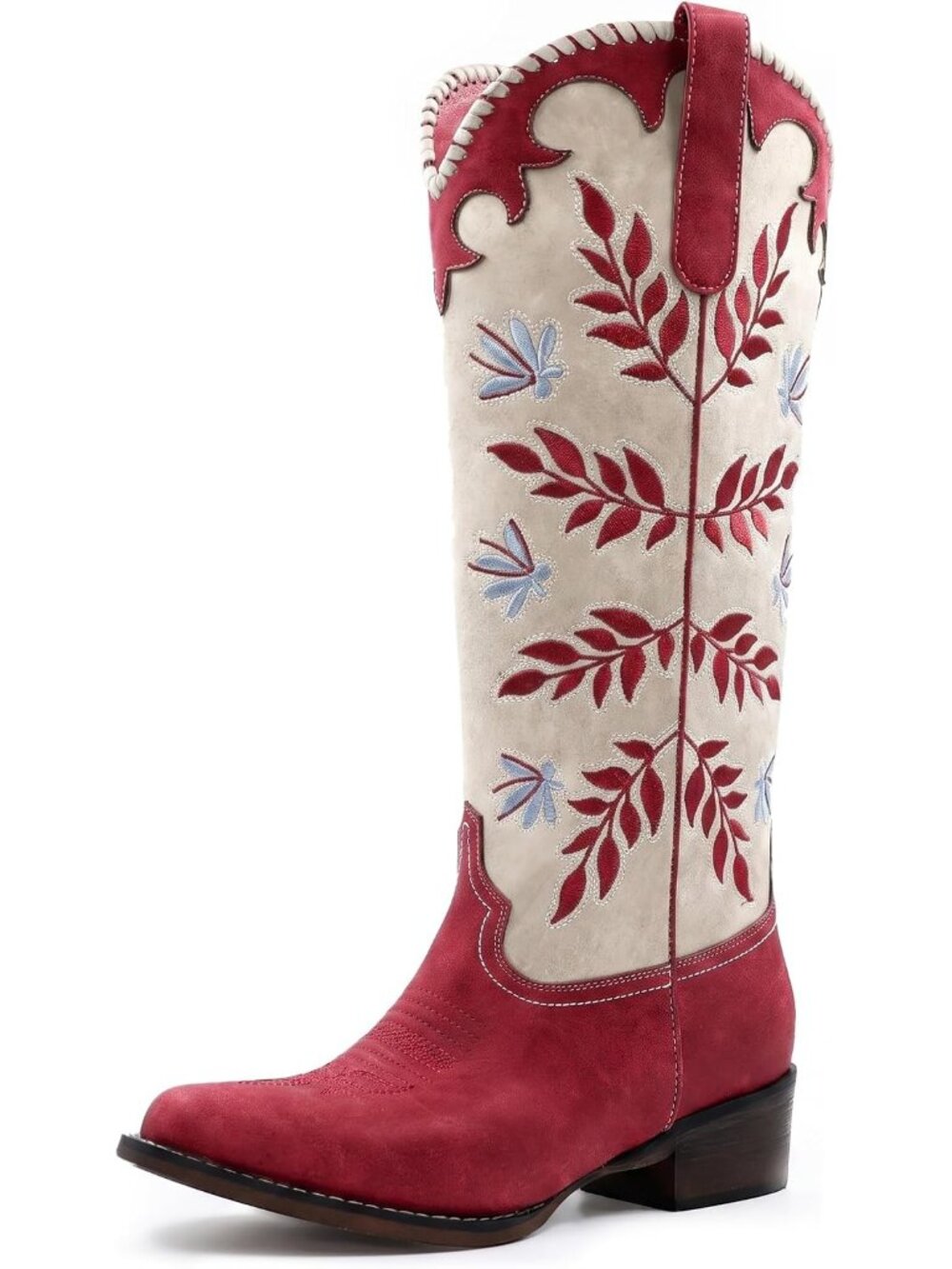 Women's Red Cowgirl Boots Pull On Knee High Round Toe Chunky Heel Western Boots